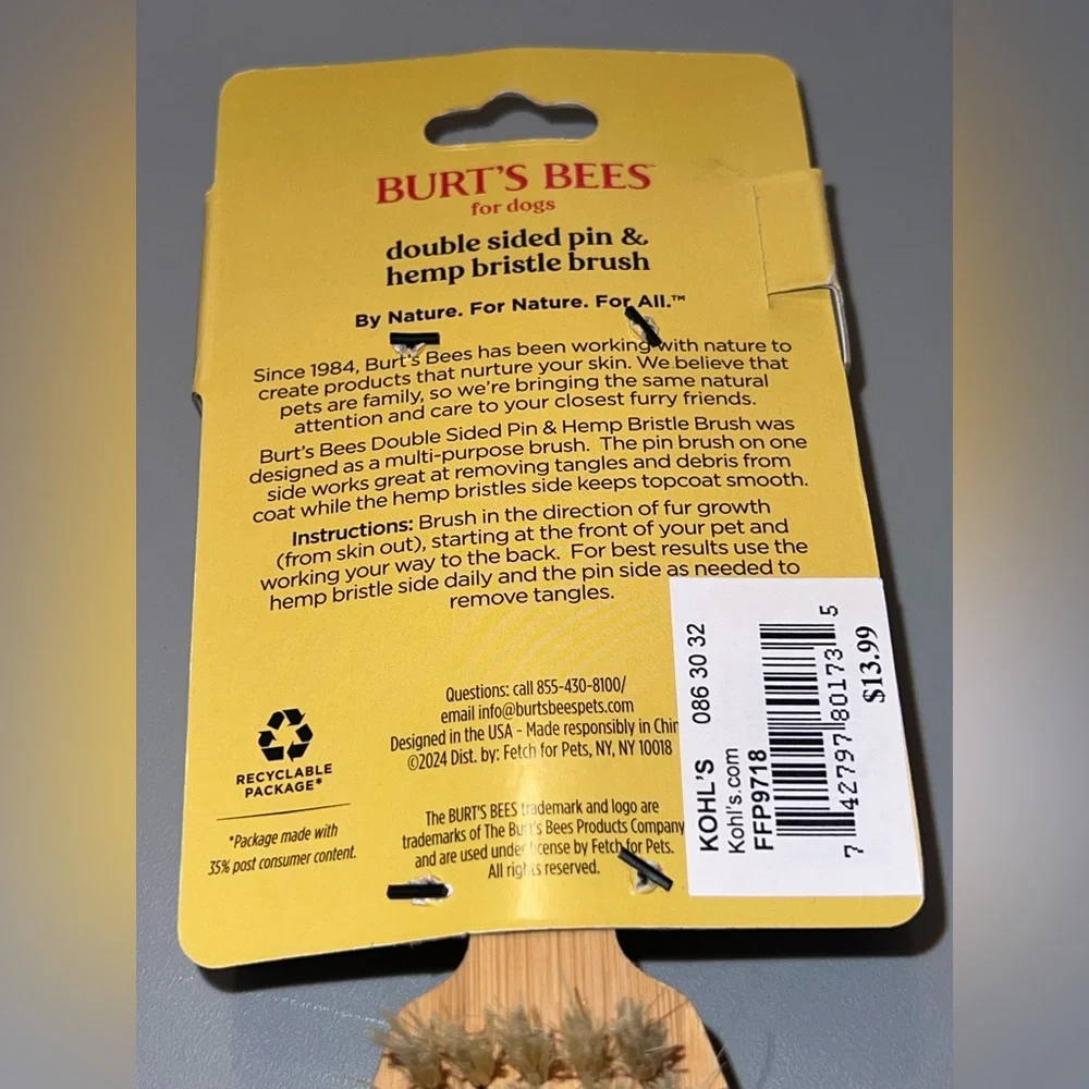 Burt's Bees Double-Sided Pin Bristle & Hemp Hair Brush Natural pet dog cat NEW